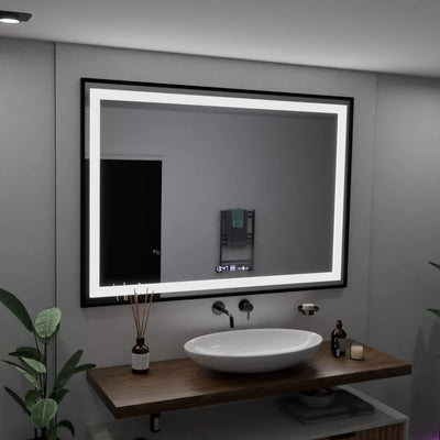 Obdélníkové LED zrcadlo, 100x65cm, Verite Majeste Noir Motion Glow Marcello, Demister System, Hodiny & Teploměr, Stmívatelné