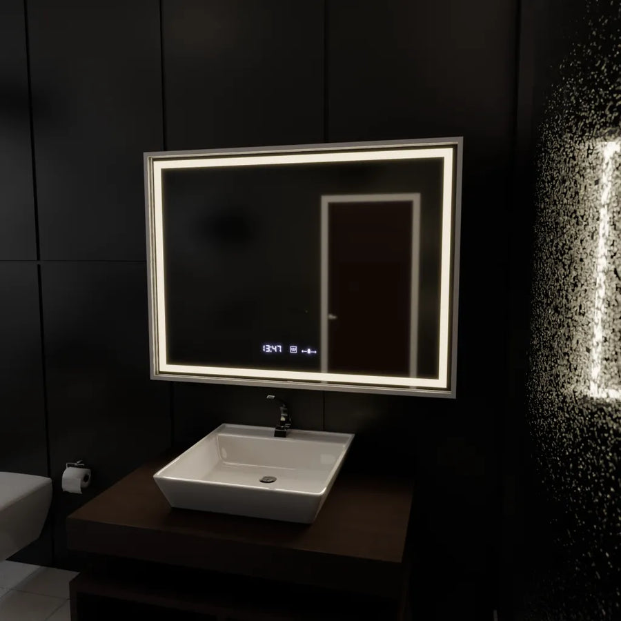 Obdélníkové LED zrcadlo, 120x80cm, Verite Imperial Silver Motion Glow Marcello, systém odmlžování, hodiny a teploměr, stmívatelná zrcátka Marcello Výchozí název Alessandro Design