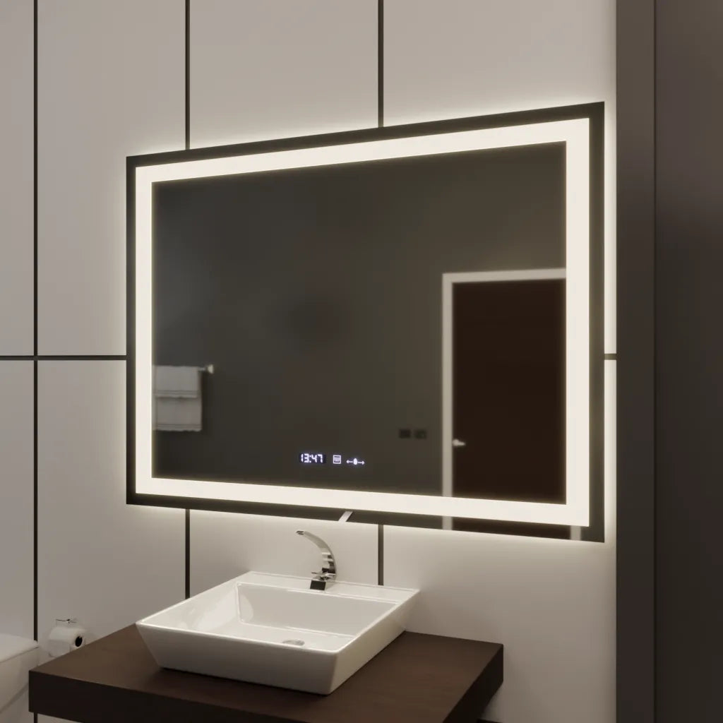 Obdélníkové LED zrcadlo 120x80cm Vérité MotionGlow Marcello, odmlžovací systém, hodiny a teploměr, stmívatelná zrcátka Marcello Výchozí název Alessandro Design