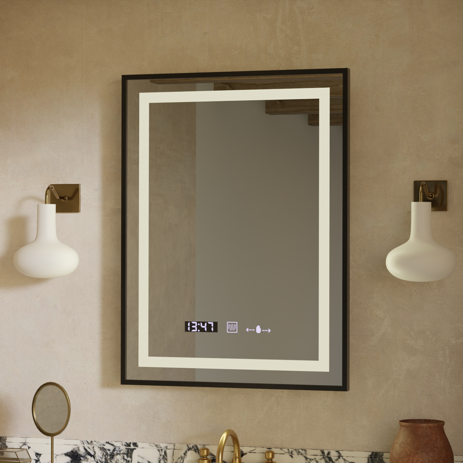 Obdélníkové LED zrcadlo, 50x70 cm, Verite Majeste Noir Motion Glow Marcello, systém odmlžování, hodiny a teploměr, stmívatelná zrcátka Marcello Výchozí název Alessandro Design