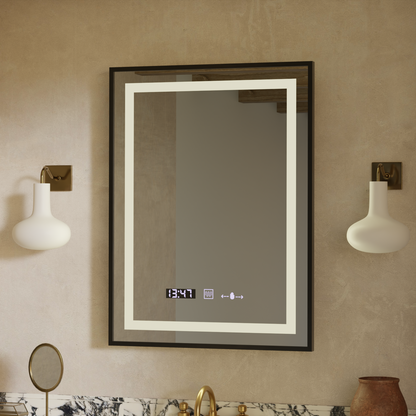 Obdélníkové LED zrcadlo, 50x70 cm, Verite Majeste Noir Motion Glow Marcello, systém odmlžování, hodiny a teploměr, stmívatelná zrcátka Marcello Výchozí název Alessandro Design