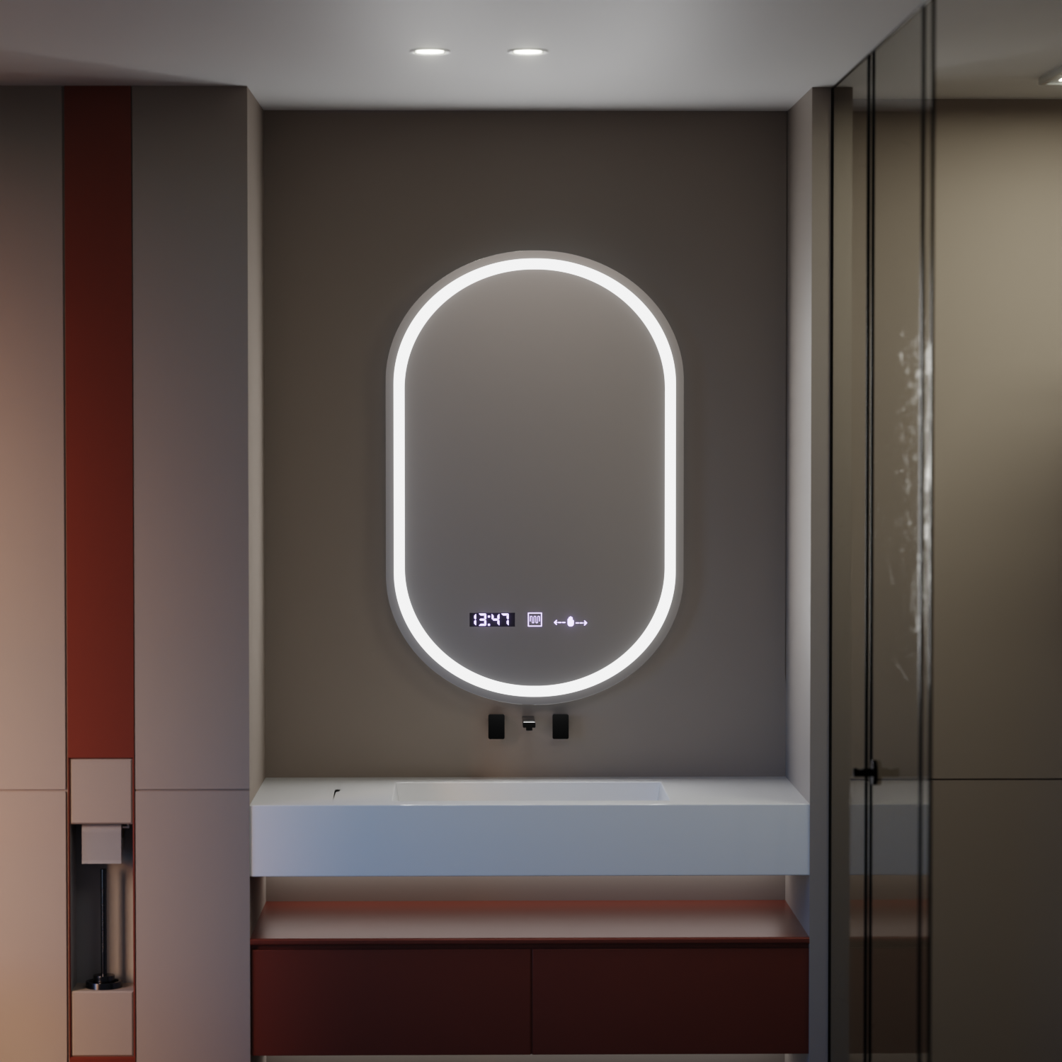 Oválné LED zrcadlo, 50x80cm, Eminence MotionGlow Marcello, Systém odmlžování, Hodiny & Teploměr, Stmívatelná zrcátka Marcello Výchozí název Alessandro Design