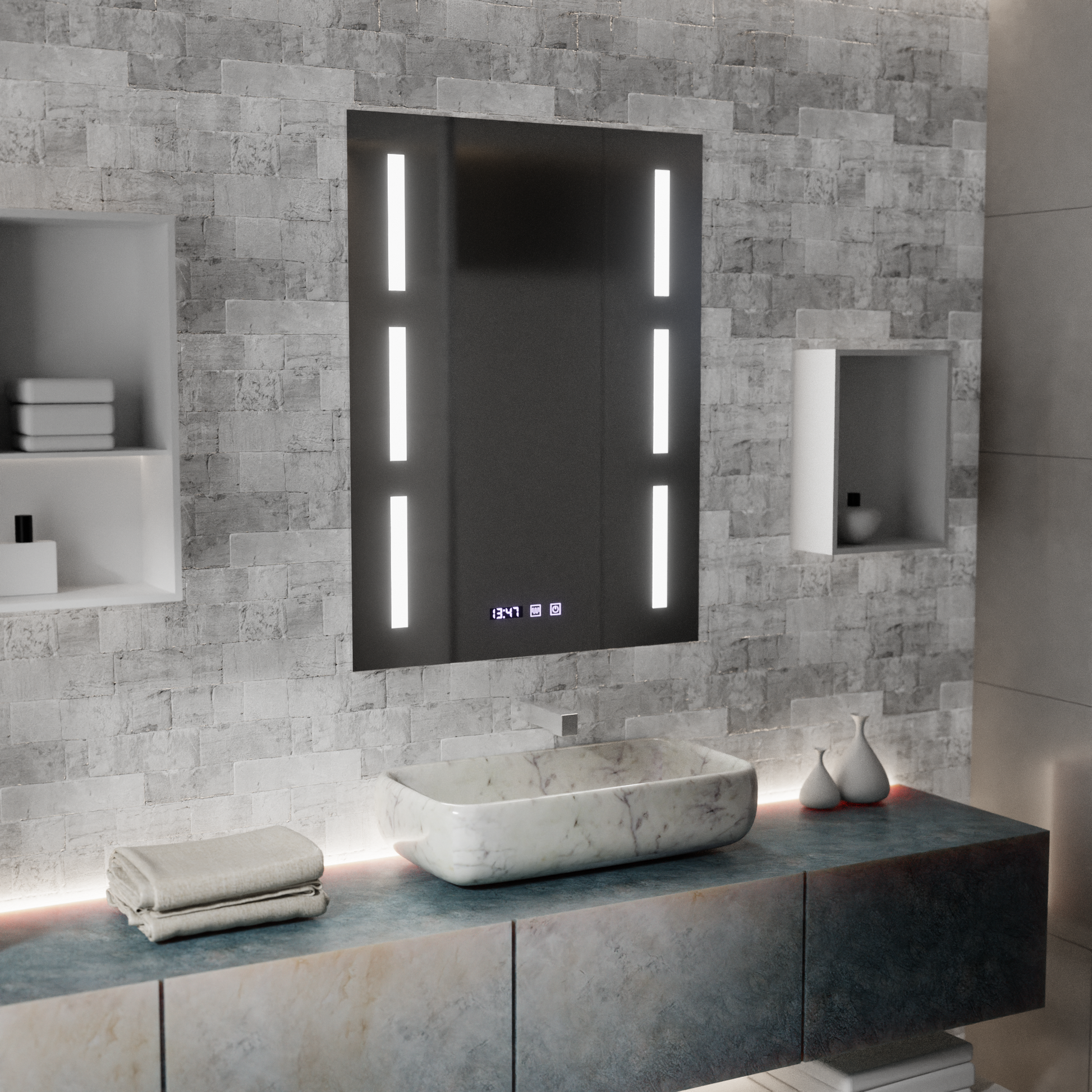 Zrcadlo LED Touch Erich S86/60X80 Systém odmlžování, hodiny a teplota 60x80 cm Zrcadla Korman S Výchozí název Alessandro Design