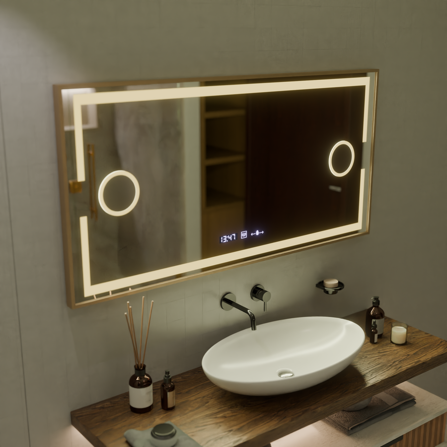 LED zrcadlo MotionGlow Sofia senzor s funkcí odmlžování Teploměr Hodiny 110x65 cm Teplé/Studené/Neutrální světlo Stmívatelné, Rose Gold Rám, Marcello Funghi Collection Zrcadla Marcello Výchozí název Alessandro Design