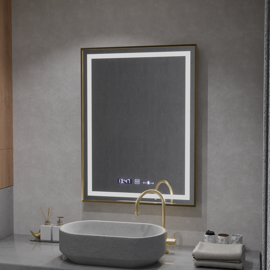 Obdélníkové LED zrcadlo, 60x80 cm, Verite Royale Gold MotionGlow Marcello, systém odmlžování, hodiny a teploměr, stmívatelná zrcátka Marcello Výchozí název Alessandro Design