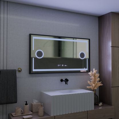 LED zrcadlo MotionGlow Senzor Domingo s funkcí odmlžování Teploměr Hodiny 120x65 cm Stmívatelné Studené/Teplé/Neutrální světlo, Brushed Black Frame, Marcello Funghi kolekce Marcello Mirrors Výchozí název Alessandro Design