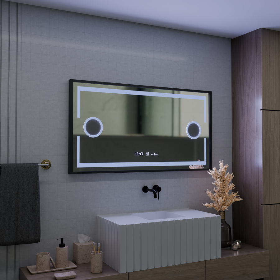 LED zrcadlo MotionGlow Senzor Domingo s funkcí odmlžování Teploměr Hodiny 120x65 cm Stmívatelné Studené/Teplé/Neutrální světlo, Brushed Black Frame, Marcello Funghi kolekce Marcello Mirrors Výchozí název Alessandro Design
