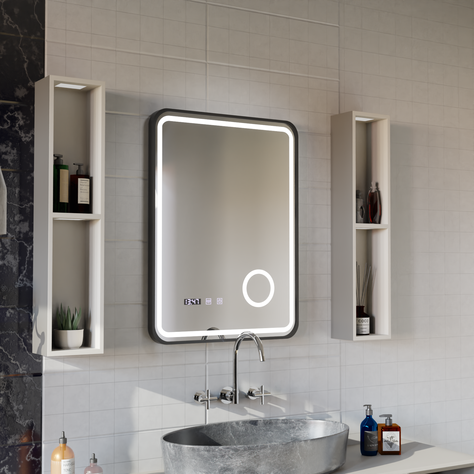 Ulrich LED Touch Mirror De-fogging System, Clock and Temperature 75x90 cm Černý rám Kartáčovaná kosmetická lupa Zrcadla Korman S Výchozí název Alessandro Design