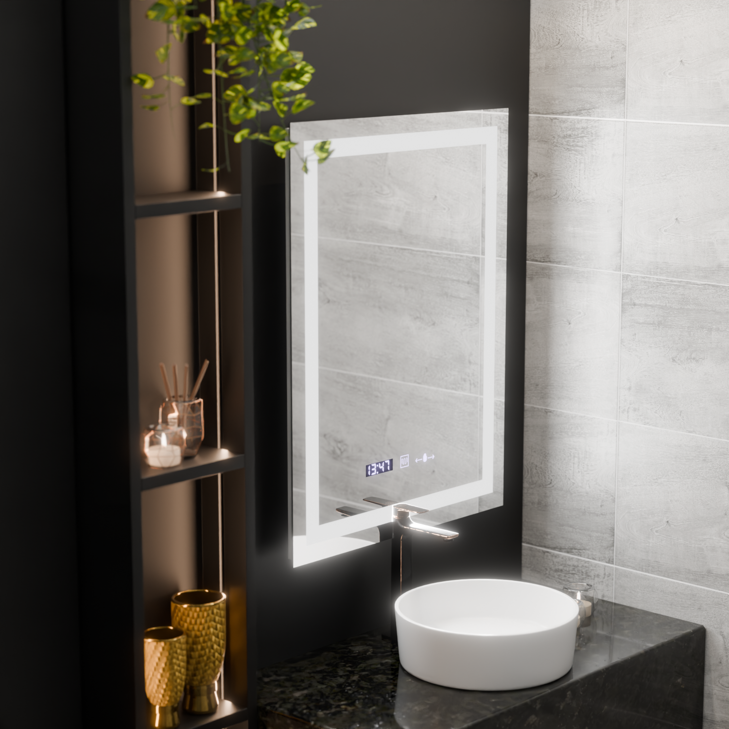 Obdélníkové LED zrcadlo, 75x90cm, Verite MotionGlow Marcello, Demister System, Hodiny a teploměr, Stmívatelná zrcátka Marcello Výchozí název Alessandro Design