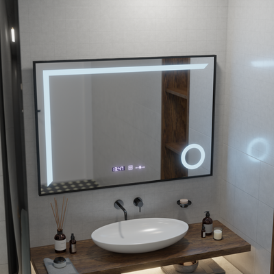 LED zrcadlový senzor MotionGlow Sofia s funkcí odmlžování Teploměr Hodiny 110x75 cm Teplé/Studené/Neutrální světlo Stmívatelné, Brushed Black Frame, Marcello Funghi Collection