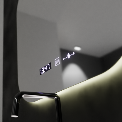 Obdélníkové LED zrcadlo 60x60 Aura Riflesso Puro MotionGlow Marcello, systém odmlžování, teploměr a hodiny, stmívatelná zrcátka Marcello Výchozí název Alessandro Design