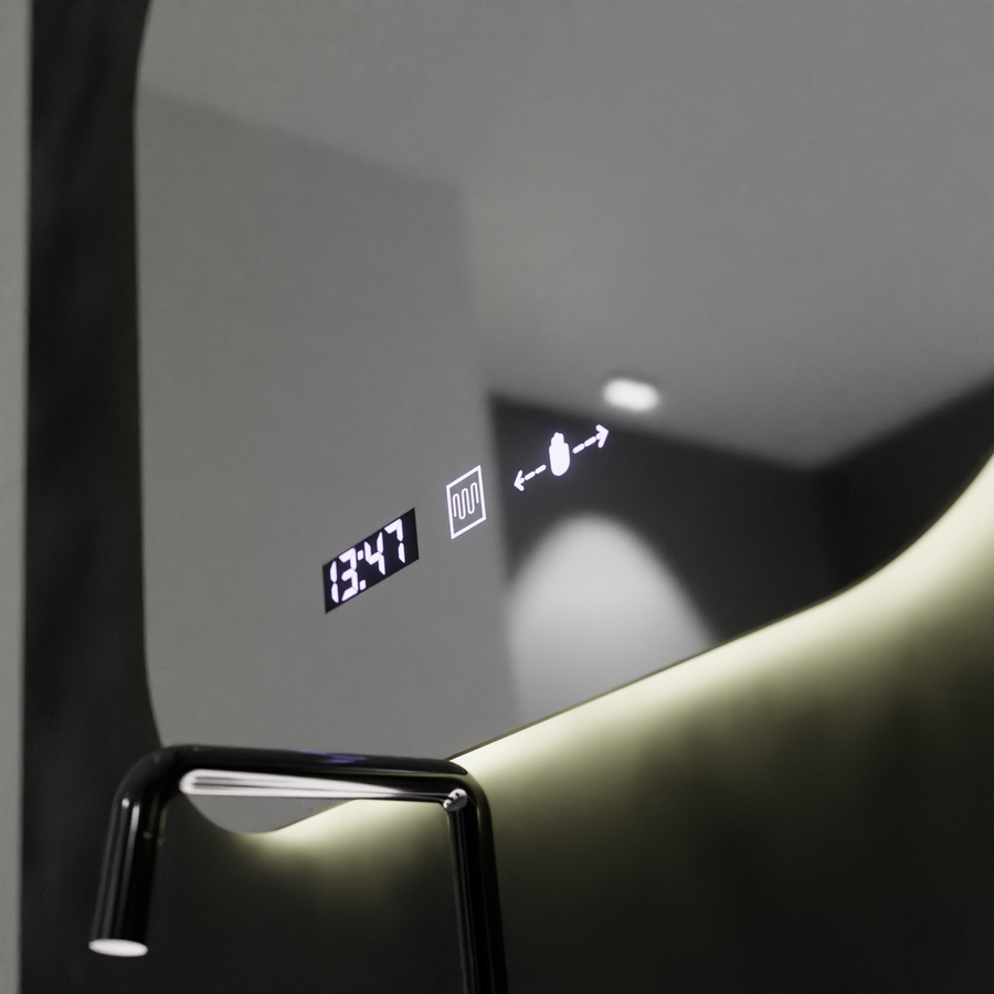 Obdélníkové LED zrcadlo 60x60 Aura Riflesso Puro MotionGlow Marcello, systém odmlžování, teploměr a hodiny, stmívatelná zrcátka Marcello Výchozí název Alessandro Design