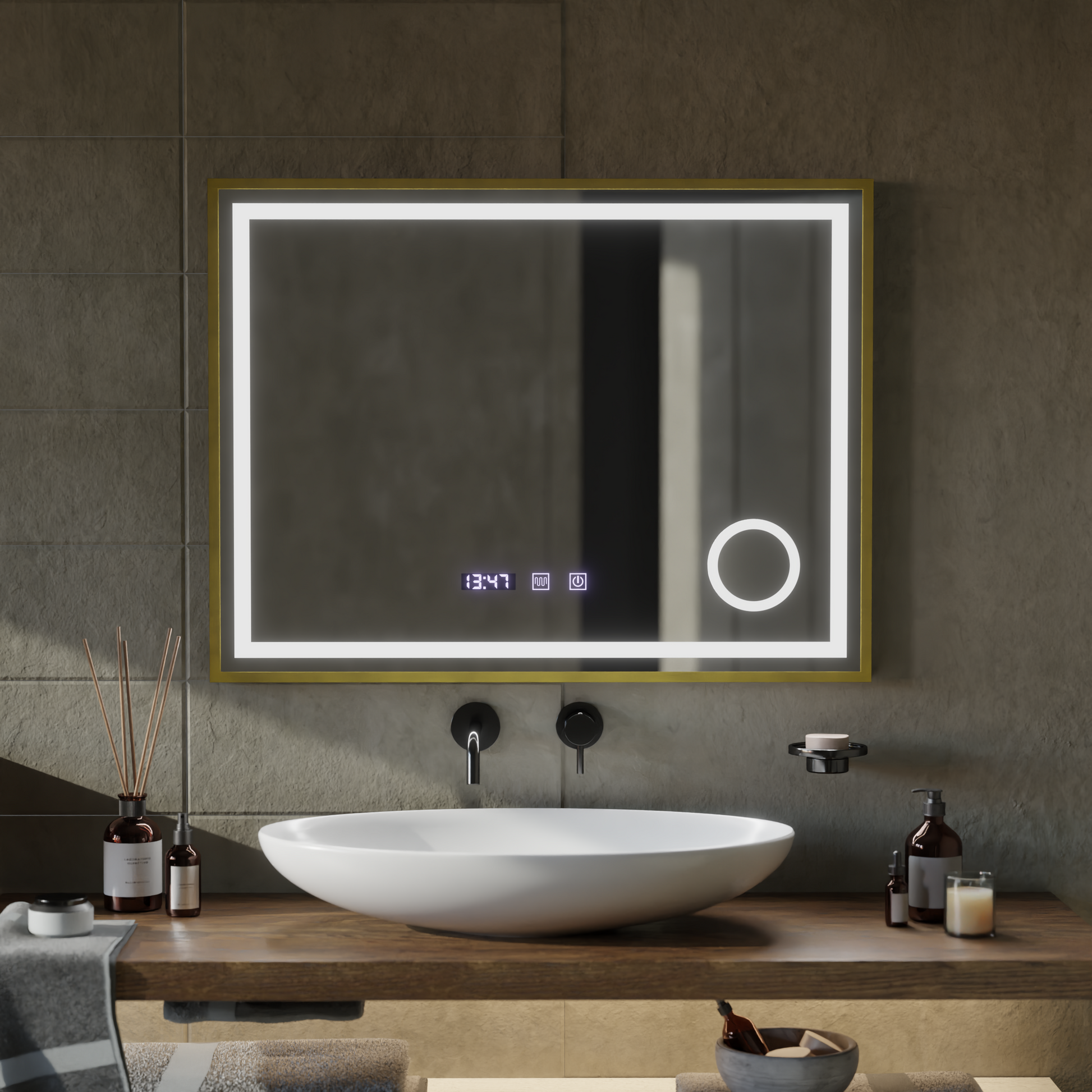 LED Touch CLARUS Systém odmlžování zrcadla, hodiny a teplota 80x60 cm Zlatý rám kartáčovaná kosmetická lupa Zrcadla Korman S Výchozí název Alessandro Design