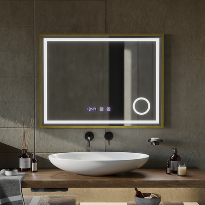 LED Touch CLARUS Systém odmlžování zrcadla, hodiny a teplota 80x60 cm Zlatý rám kartáčovaná kosmetická lupa Zrcadla Korman S Výchozí název Alessandro Design