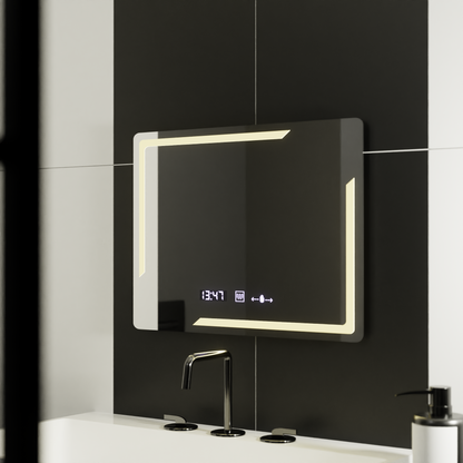Obdélníkové LED zrcadlo, 80x60cm, Rayonnement MotionGlow Marcello, Demister System, Hodiny & Teploměr, Stmívatelná zrcátka Marcello Výchozí název Alessandro Design