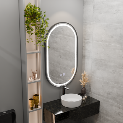 Oválné LED zrcadlo 50x100cm VETRO Touch Dimable Demister System, černý rám Korman Mirrors E Výchozí název Alessandro Design