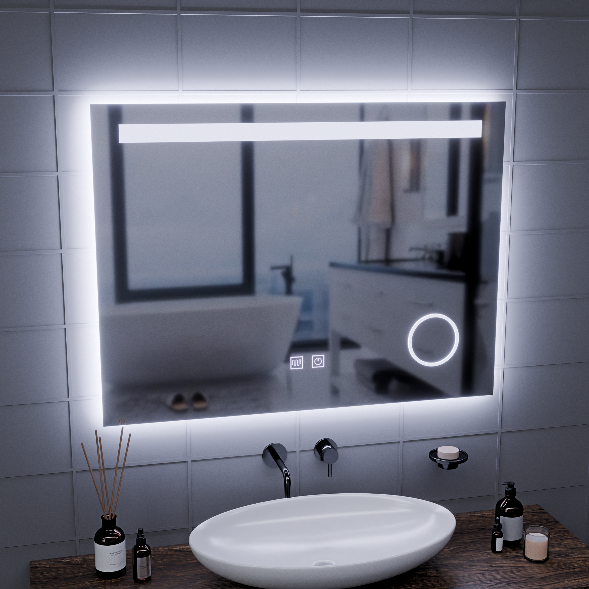 Obdélníkové LED zrcadlo, 80x60cm, Piano Touch, Demister System, Stmívatelné, Studené světlo 6000K Zrcadla Korman E Výchozí název Alessandro Design