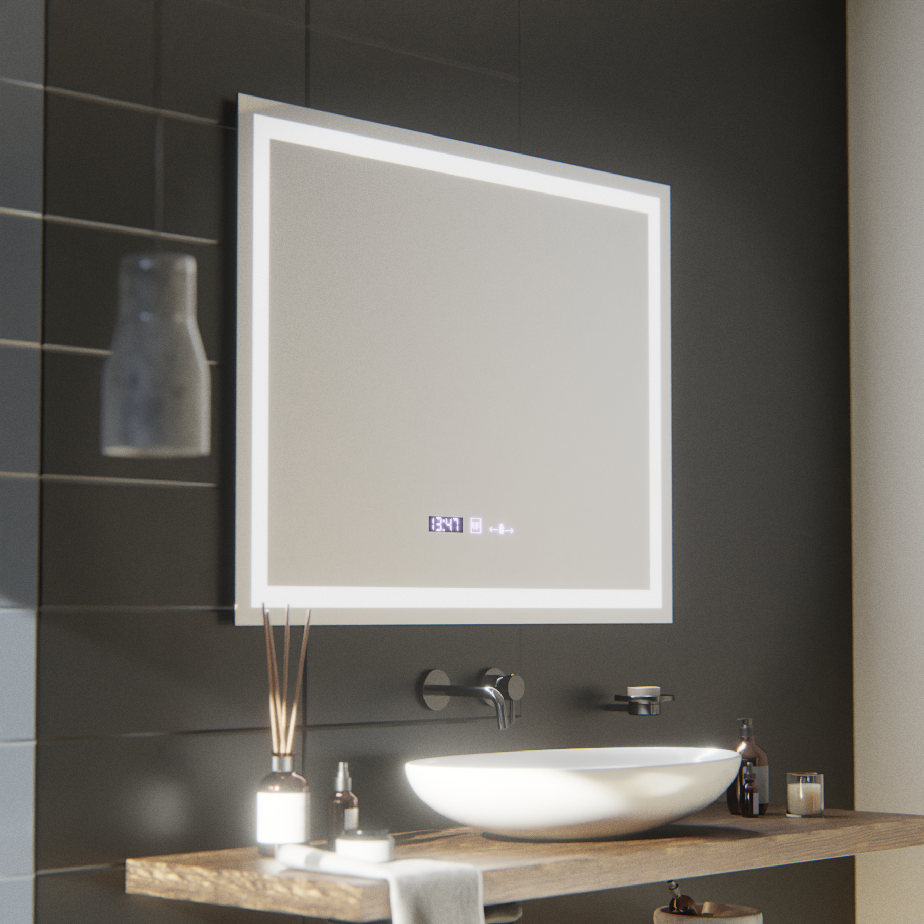 Obdélníkové zrcadlo LED, 100 x 75 cm, Verite MotionGlow Marcello, systém odmlžování, hodiny a teploměr, stmívatelná zrcadla Marcello Výchozí název Alessandro Design