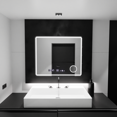 Obdélníkové LED zrcadlo, 90x75cm, Riflesso MotionGlow Marcello, Demister System, Hodiny & Teploměr, Kosmetická lupa, Stmívatelné