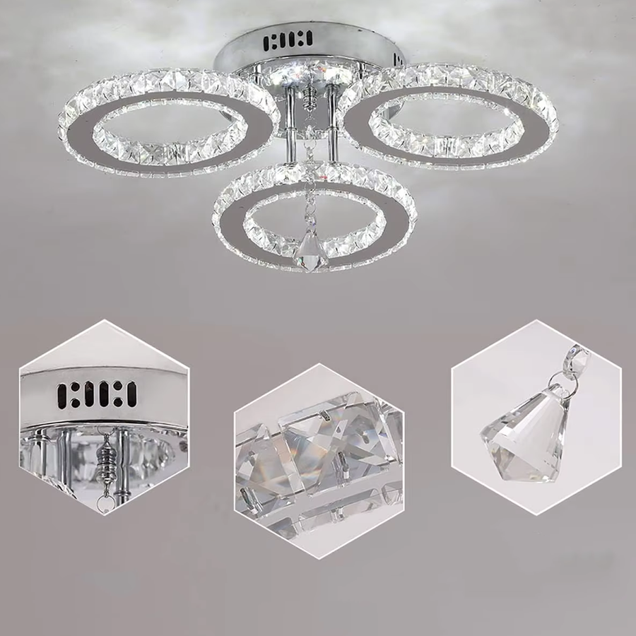 LED lustr s dálkovým ovládáním a křišťálovým ALANUBIS 40W, 3 kruhy, studené/teplé/neutrální světlo, stmívatelné, lesklý chrom Crystal LED lustry Výchozí název Alessandro Design
