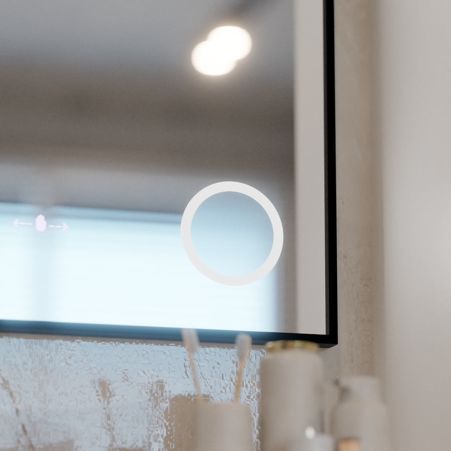 LED zrcadlo MotionGlow Sofia senzor s funkcí odmlžování Teploměr Hodiny 110x75 cm Stmívatelné teplé/studené/neutrální světlo, kartáčovaný černý rám, Marcello Funghi Collection Marcello Mirrors Výchozí název Alessandro Design