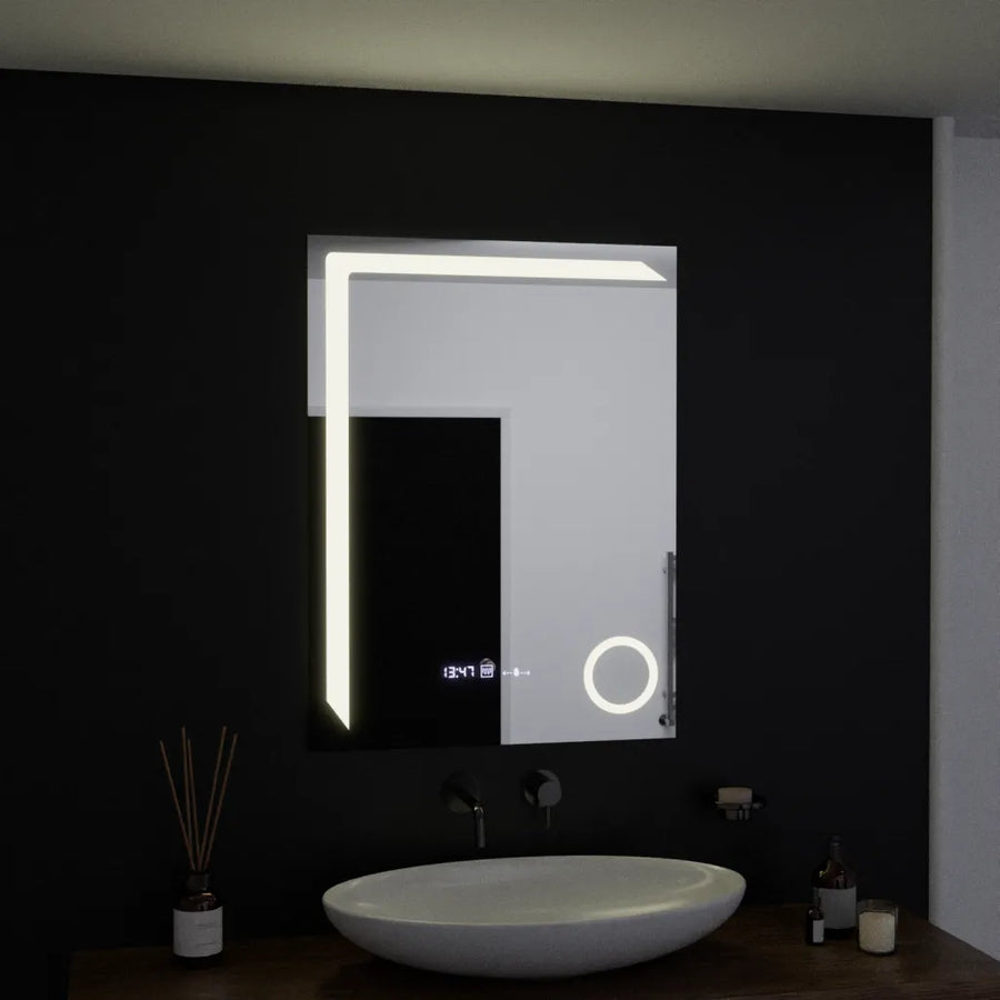 Obdélníkové LED zrcadlo, 60x80cm, Precision MotionGlow Marcello, Systém odmlžování, Hodiny & Teploměr, Kosmetická lupa, Stmívatelná zrcátka Marcello Výchozí název Alessandro Design