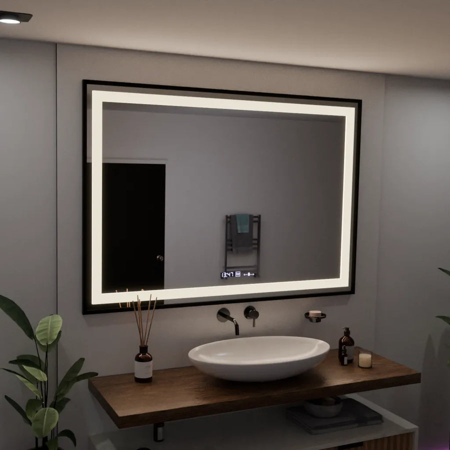 Obdélníkové LED zrcadlo, 100x65cm, Verite Majeste Noir Motion Glow Marcello, systém odmlžování, hodiny a teploměr, stmívatelná zrcátka Marcello Výchozí název Alessandro Design