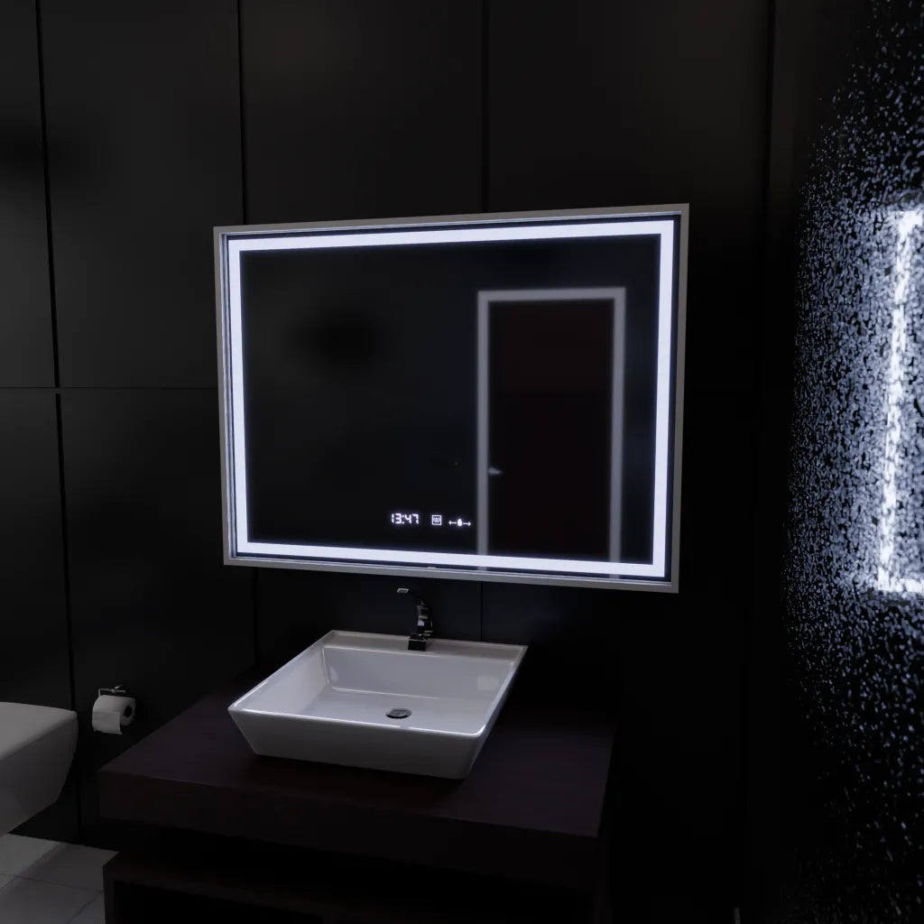 Obdélníkové LED zrcadlo, 80x60cm, Verite Imperial Silver Motion Glow Marcello, systém odmlžování, hodiny a teploměr, stmívatelná zrcátka Marcello Výchozí název Alessandro Design