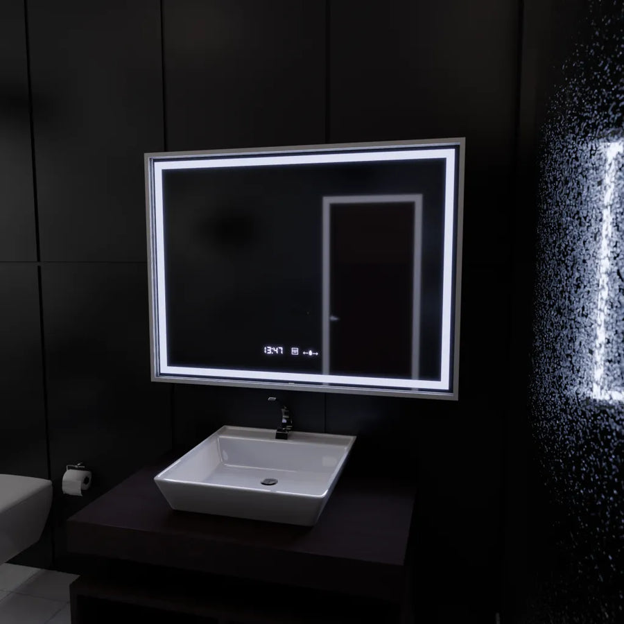 Obdélníkové LED zrcadlo, 120x80cm, Verite Imperial Silver Motion Glow Marcello, systém odmlžování, hodiny a teploměr, stmívatelná zrcátka Marcello Výchozí název Alessandro Design