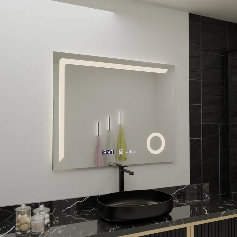 Obdélníkové LED zrcadlo, 100x80cm, Precision MotionGlow Marcello, Systém odmlžování, Hodiny & Teploměr, Kosmetická lupa, Stmívatelná zrcátka Marcello Výchozí název Alessandro Design