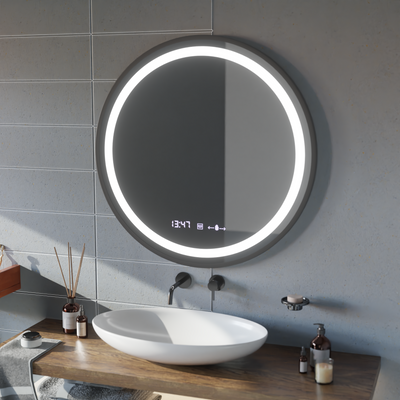 LED kulaté zrcadlo, 100 cm, Celeste Majesté Noir MotionGlow Marcello, Demister System, Hodiny & Teploměr, Stmívatelné