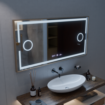 LED zrcadlo MotionGlow Sofia senzor s funkcí odmlžování Teploměr Hodiny 110x65 cm Teplé/Studené/Neutrální světlo Stmívatelné, Rose Gold Rám, Marcello Funghi Collection Zrcadla Marcello Výchozí název Alessandro Design