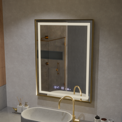 Obdélníkové LED zrcadlo, 60x80 cm, Verite Royale Gold MotionGlow Marcello, systém odmlžování, hodiny a teploměr, stmívatelná zrcátka Marcello Výchozí název Alessandro Design