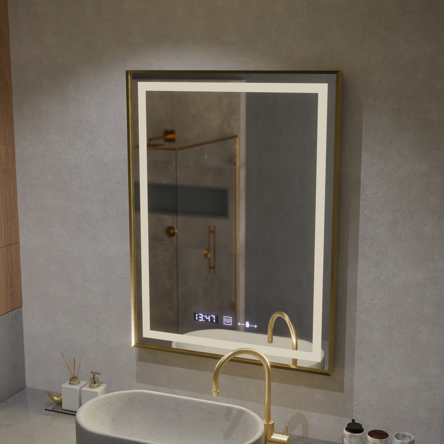 Obdélníkové LED zrcadlo, 60x80 cm, Verite Royale Gold MotionGlow Marcello, systém odmlžování, hodiny a teploměr, stmívatelná zrcátka Marcello Výchozí název Alessandro Design
