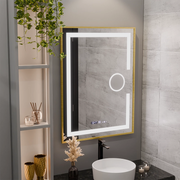 Obdélníkové LED zrcadlo, 60x80 cm, Eclat MotionGlow Marcello, Demister System, Hodiny & Teploměr, Kosmetická lupa, Stmívatelné, Rám z kartáčovaného zlata