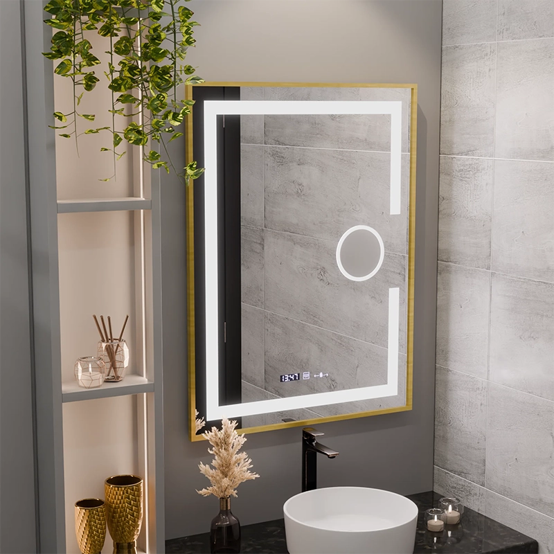 Obdélníkové LED zrcadlo, 60x80 cm, Eclat MotionGlow Marcello, Demister System, Hodiny & Teploměr, Kosmetická lupa, Stmívatelné, Rám z kartáčovaného zlata