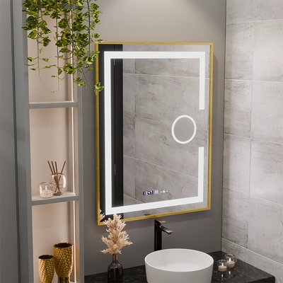 Obdélníkové LED zrcadlo, 60x80 cm, Eclat MotionGlow Marcello, Demister System, Hodiny & Teploměr, Kosmetická lupa, Stmívatelné, Rám z kartáčovaného zlata