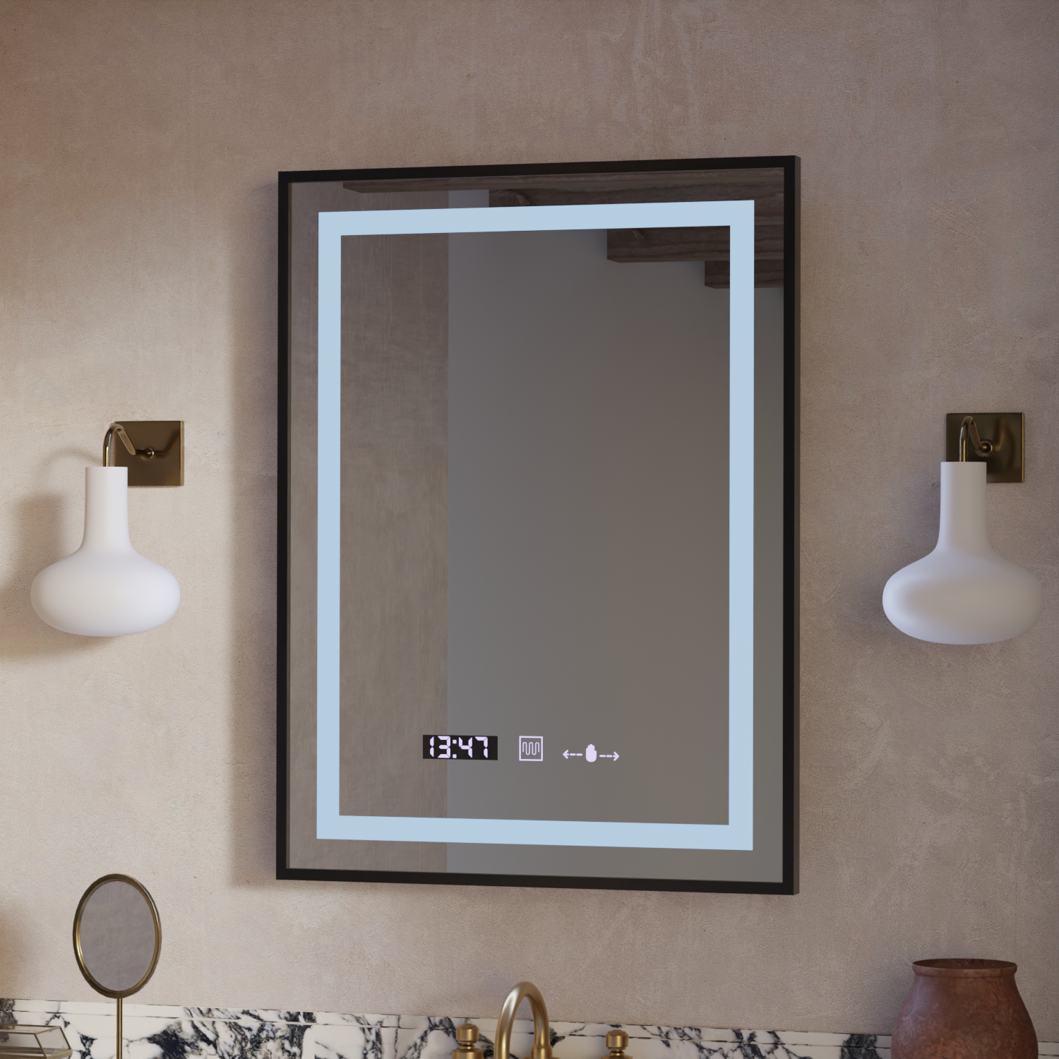 Obdélníkové LED zrcadlo, 50x70 cm, Verite Majeste Noir Motion Glow Marcello, systém odmlžování, hodiny a teploměr, stmívatelná zrcátka Marcello Výchozí název Alessandro Design