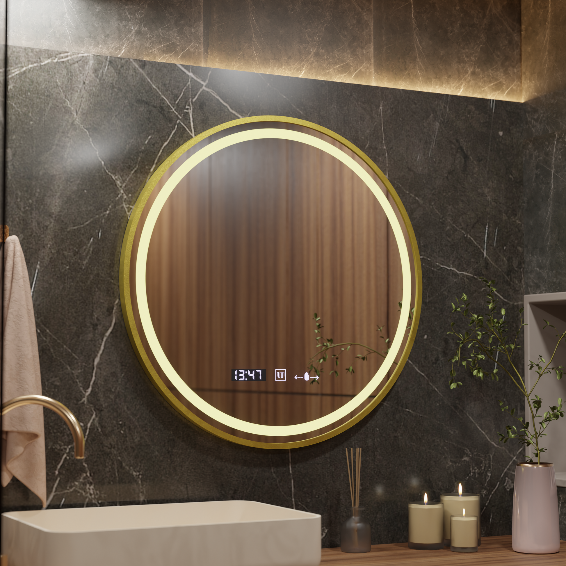 LED kulaté zrcadlo, 80 cm, Celeste Royale Gold MotionGlow Marcello, systém odmlžování, hodiny a teploměr, stmívatelná zrcátka Marcello Výchozí název Alessandro Design