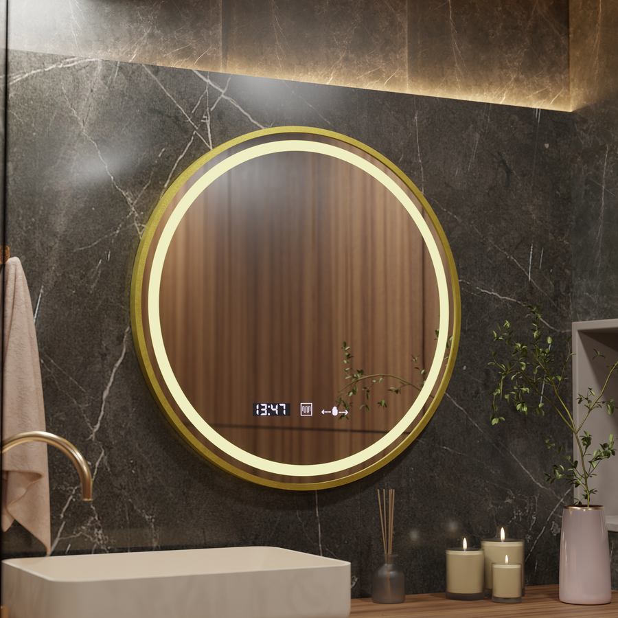 LED kulaté zrcadlo, 80 cm, Celeste Royale Gold MotionGlow Marcello, systém odmlžování, hodiny a teploměr, stmívatelná zrcátka Marcello Výchozí název Alessandro Design