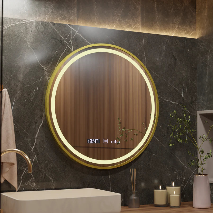 Kulaté zrcadlo LED, 60 cm, Celeste Royale Gold Eleve MotionGlow Marcello, systém odmlžování, hodiny a teploměr, stmívatelné, odnímatelný popruh, Marcello Zrcadla Výchozí název Alessandro Design
