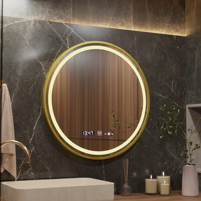 LED kulaté zrcadlo, 80 cm, Celeste Royale Gold MotionGlow Marcello, Demister System, Hodiny & Teploměr, Stmívatelné