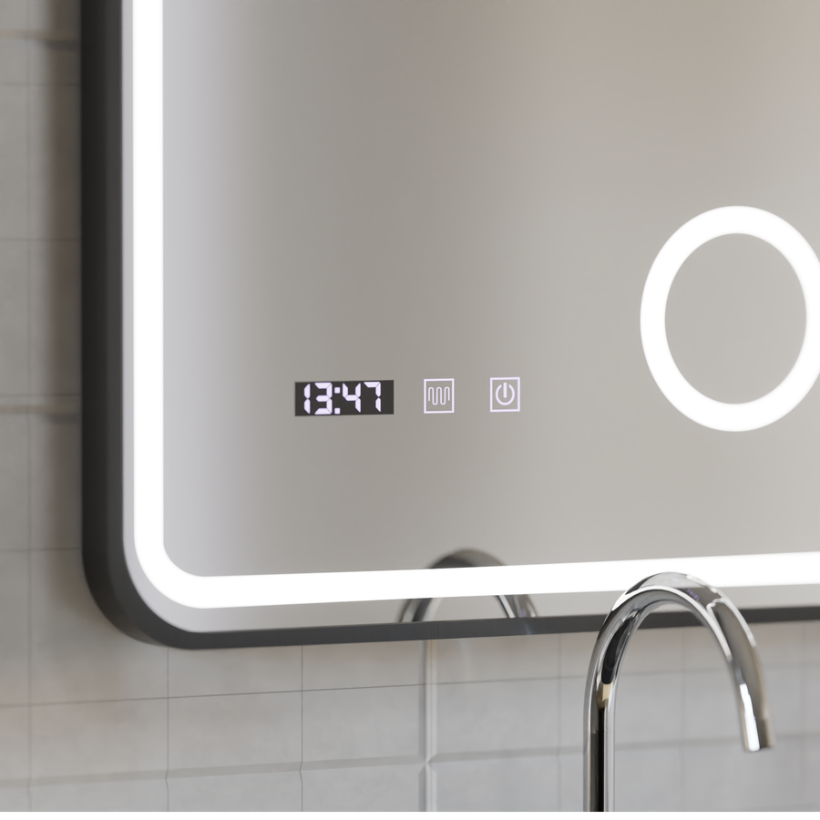 Ulrich LED Touch Mirror De-fogging System, Clock and Temperature 75x90 cm Černý rám Kartáčovaná kosmetická lupa Zrcadla Korman S Výchozí název Alessandro Design