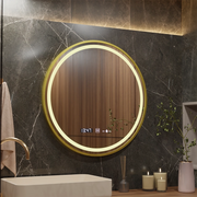 LED zrcadlo MotionGlow senzor Faratya Systém odmlžování Teploměr a hodiny Kulatý rám z kartáčovaného zlata Průměr 100 cm Studené/Teplé/Neutrální světlo Stmívatelné Marcello Funghi Collection