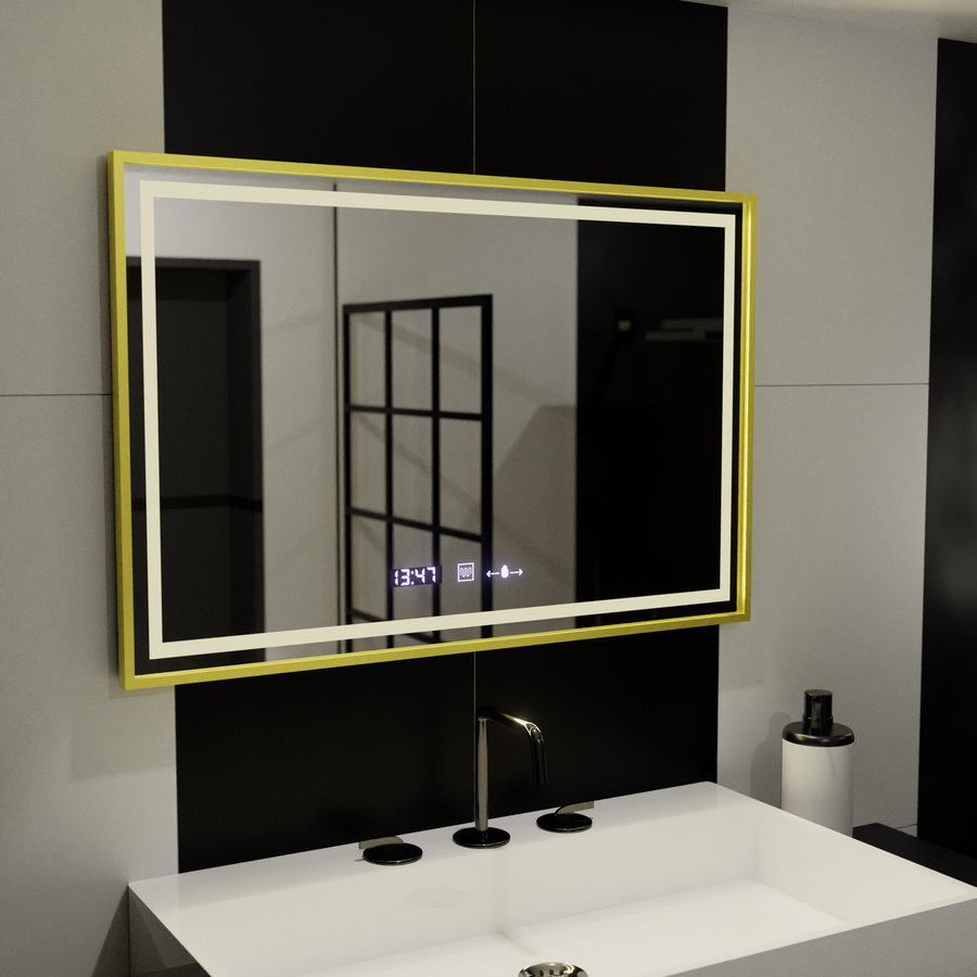 Obdélníkové LED zrcadlo, 100 x 65 cm, Verite Royale Gold Motion Glow Marcello, systém odmlžování, hodiny a teploměr, stmívatelná zrcátka Marcello Výchozí název Alessandro Design
