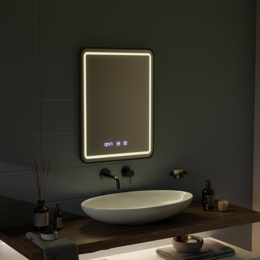 Zrcadlo LED Touch Systém odmlžování LUCIDA, hodiny a teplota 60x80 cm Rám Černá kartáčovaná zrcadla Korman S Výchozí název Alessandro Design
