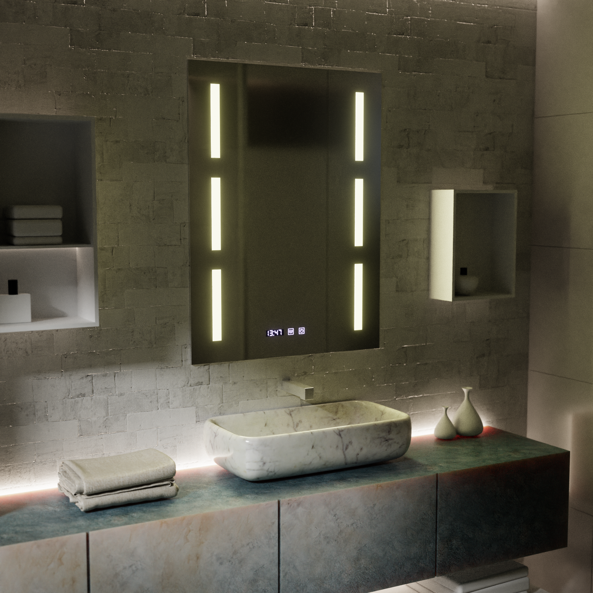 Zrcadlo LED Touch Erich S86/60X80 Systém odmlžování, hodiny a teplota 60x80 cm Zrcadla Korman S Výchozí název Alessandro Design