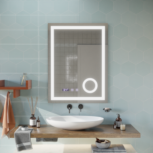 LED dotykové zrcátko NIVERA odmlžovací systém, hodiny a teplota 60x80 cm Kosmetická lupa Zrcadla Korman S Výchozí název Alessandro Design