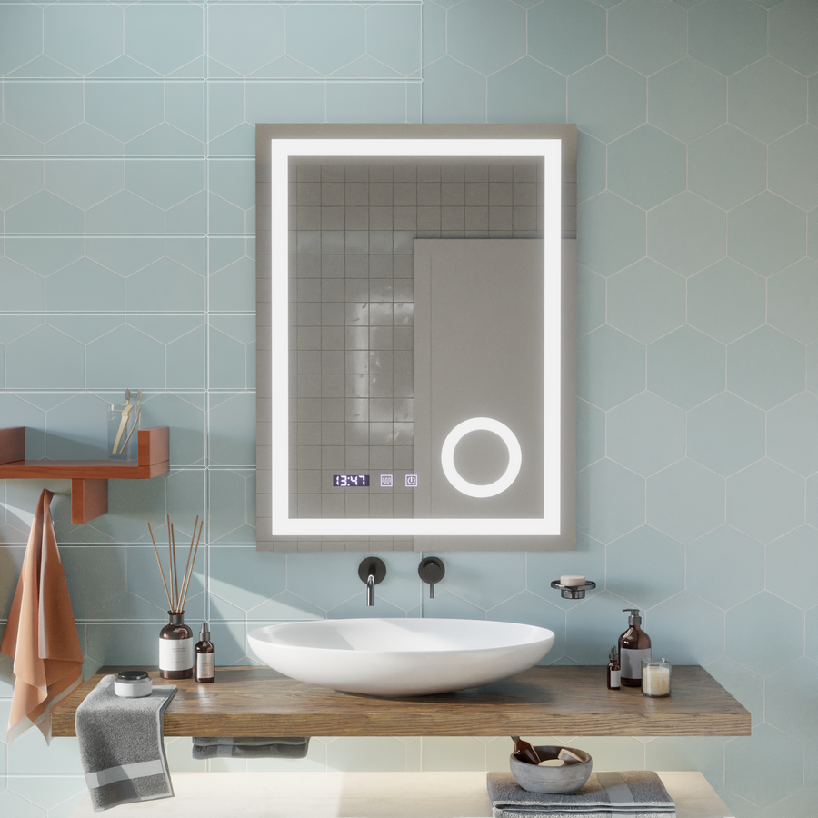 LED dotykové zrcátko NIVERA odmlžovací systém, hodiny a teplota 60x80 cm Kosmetická lupa Zrcadla Korman S Výchozí název Alessandro Design
