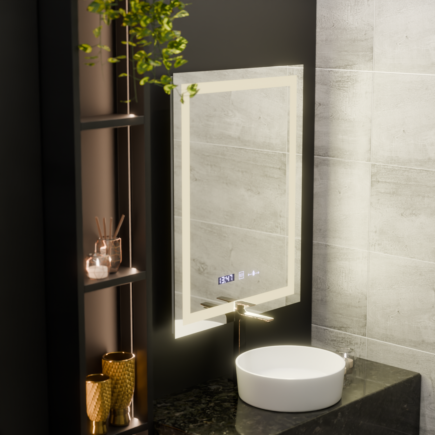Obdélníkové LED zrcadlo, 75x90cm, Verite MotionGlow Marcello, Demister System, Hodiny a teploměr, Stmívatelná zrcátka Marcello Výchozí název Alessandro Design